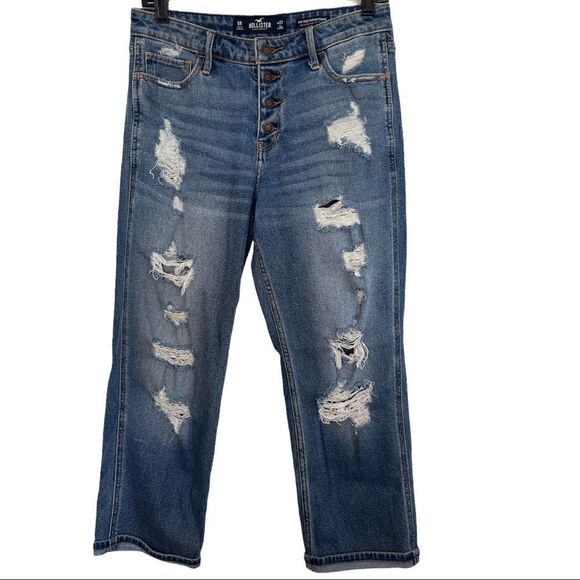 Hollister Blue Mid-Rise Crop Boyfriend Distressed Denim Jeans Size 27 - Picture 1 of 7